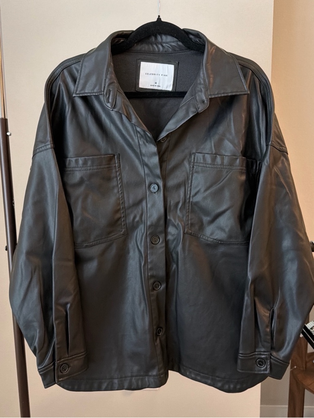 Celebrity Pink Black Faux Leather Shacket with Patch Pockets